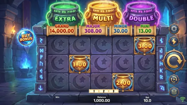 石造地城場景的橫式 Slot 盤面，上方是綠、金、紫三口分別標著 EXTRA、MULTI、DOUBLE 的發光魔法釜與四級獎金列，盤面上散落標有數值的金色寶罐。