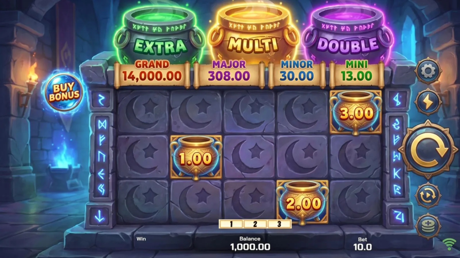 石造地城場景的橫式 Slot 盤面，上方是綠、金、紫三口分別標著 EXTRA、MULTI、DOUBLE 的發光魔法釜與四級獎金列，盤面上散落標有數值的金色寶罐。