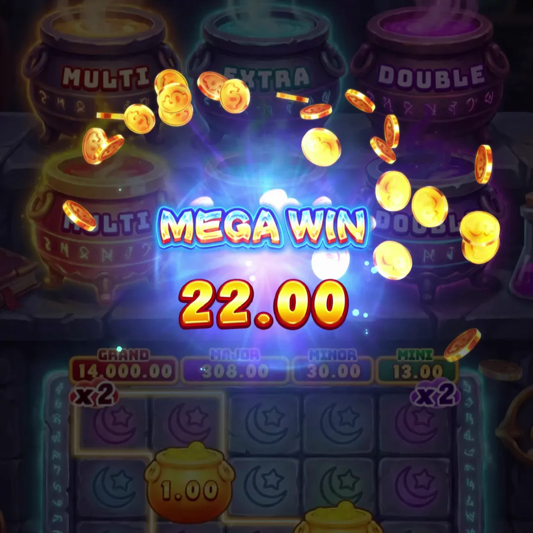 壓暗的魔法釜 Slot 盤面中央浮現 MEGA WIN 字樣與金額 22.00，背後是藍白色光芒，金幣向四周飛散。
