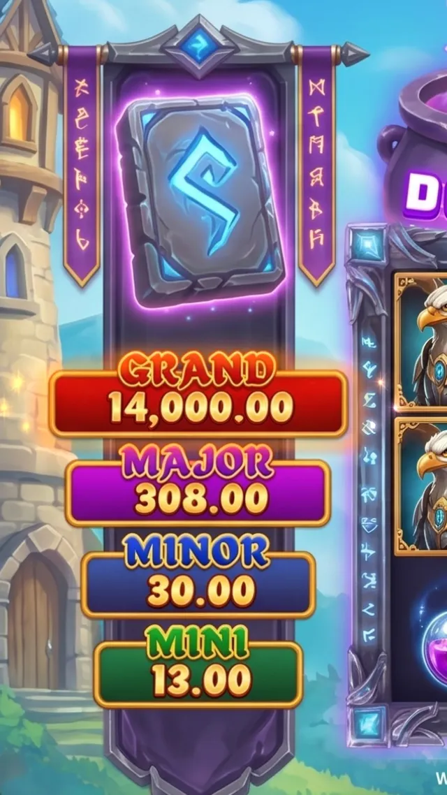 奇幻城堡旁的直式 Jackpot 面板，頂端是發出藍光的符文石，兩側垂掛紫色符文旗幟，下方依序為 GRAND、MAJOR、MINOR、MINI 四級獎金。