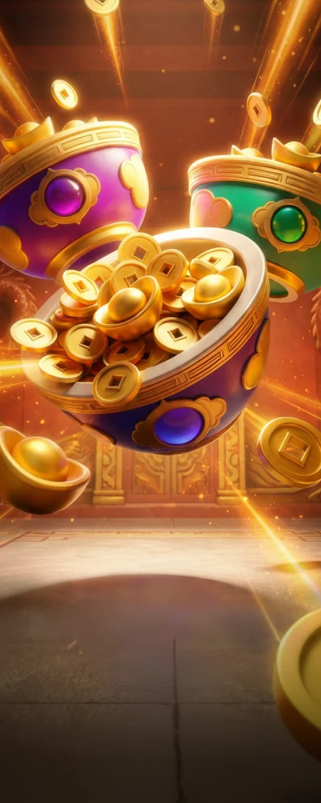 同一組聚寶盆的直式版本，盆與金幣集中在上半，下半留出殿堂地面。