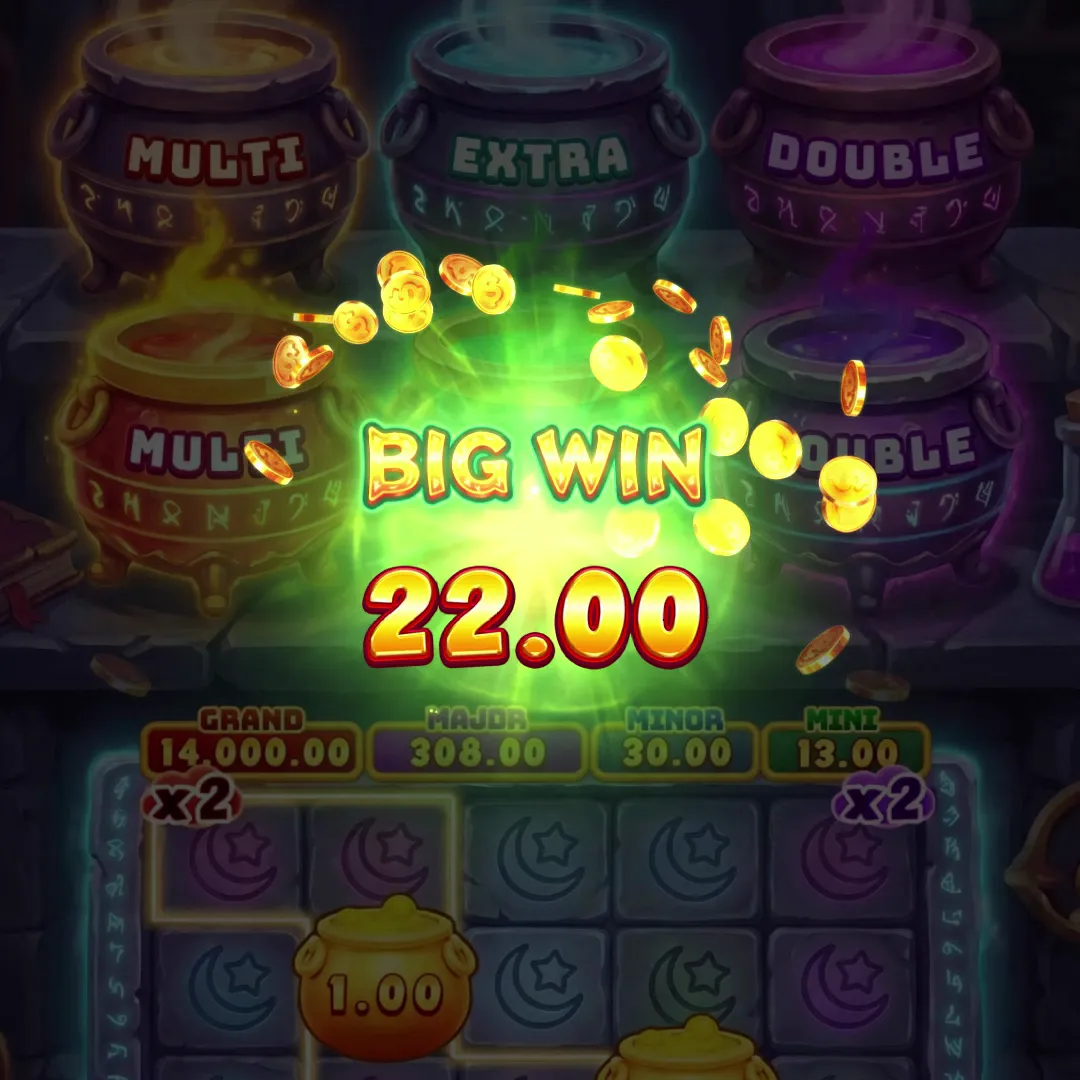壓暗的魔法釜 Slot 盤面中央浮現 BIG WIN 字樣與金額 22.00，背後是綠色光暈，金幣呈弧線飛散。