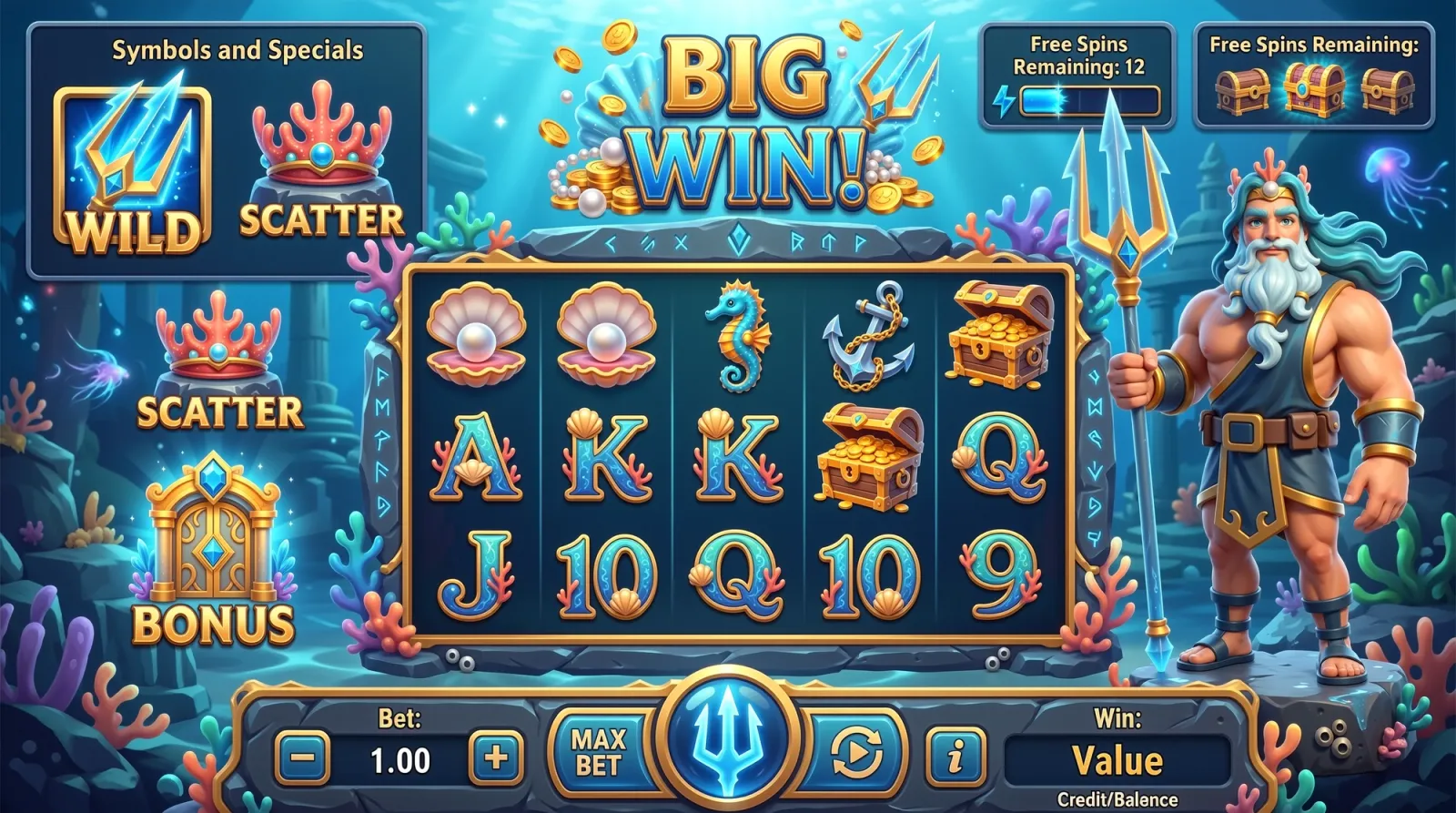 海底神殿場景的 Slot 橫式盤面，右側是手持三叉戟的海神，左上為特殊符號說明面板。