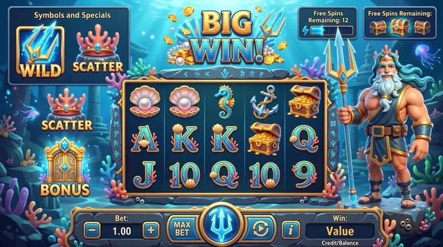 海底神殿場景的 Slot 橫式盤面，右側是手持三叉戟的海神，左上為特殊符號說明面板。
