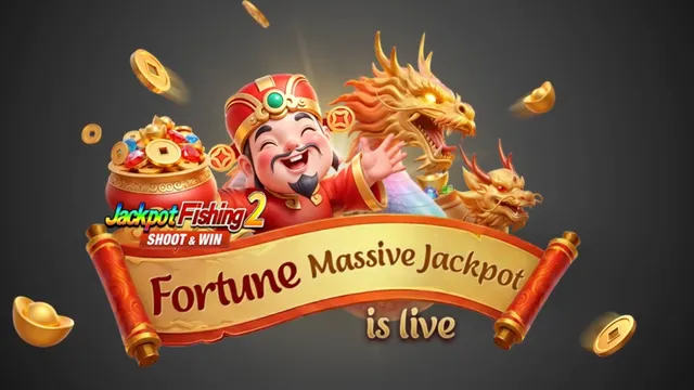 財神從紅色捲軸橫幅後方探出揮手，身旁是兩隻金龍與裝滿元寶的聚寶盆，四周飄落金元寶與銅錢。