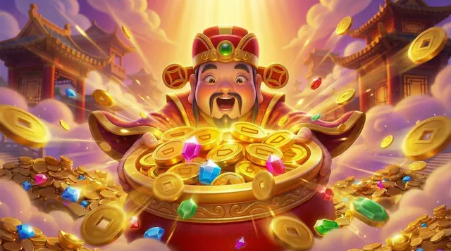 財神笑著捧起裝滿金錢幣與寶石的聚寶盆，背景是中式樓閣與金光雲霞，四周飄散金幣。