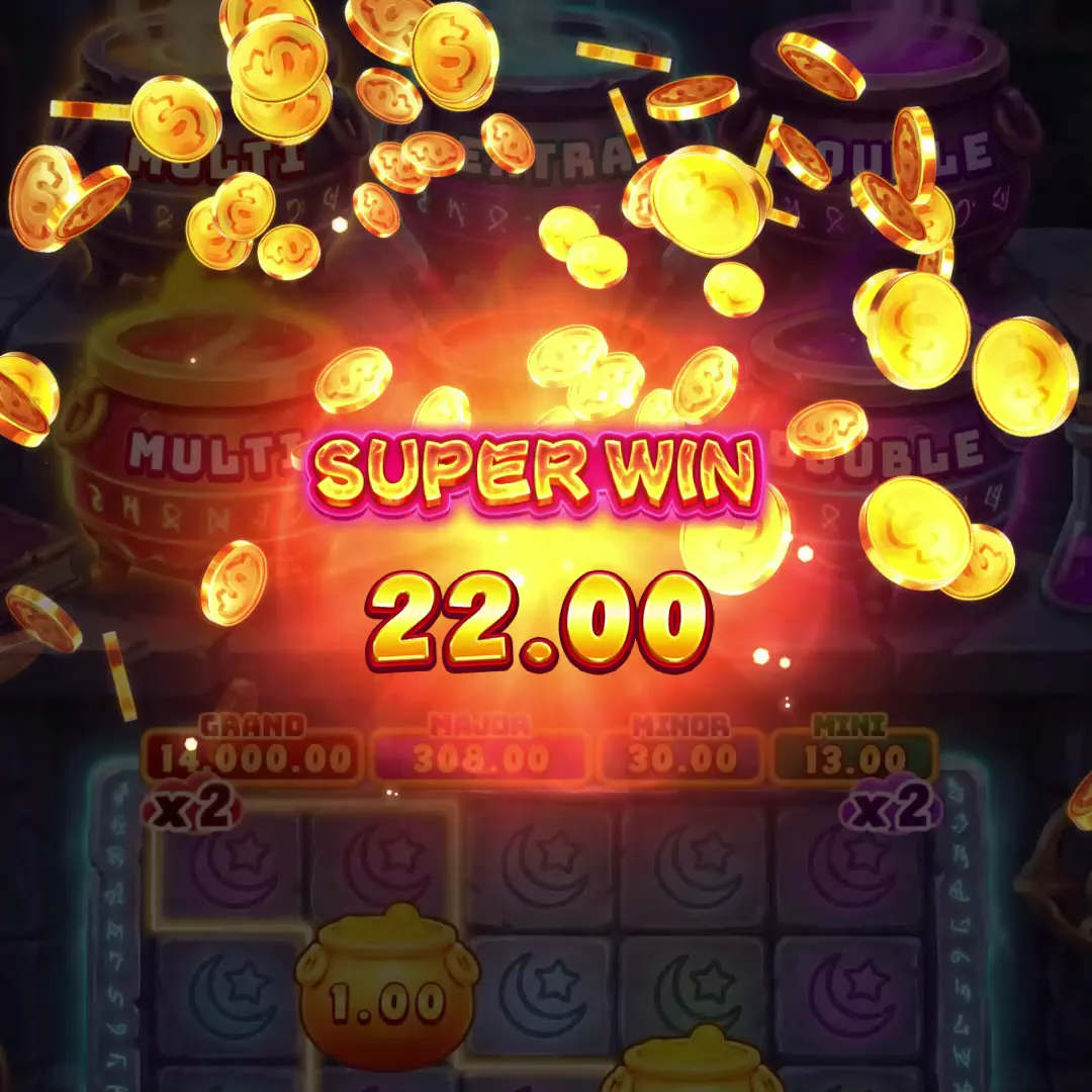 壓暗的魔法釜 Slot 盤面中央浮現 SUPER WIN 字樣與金額 22.00，背後是橘紅色火光，大量金幣布滿畫面。